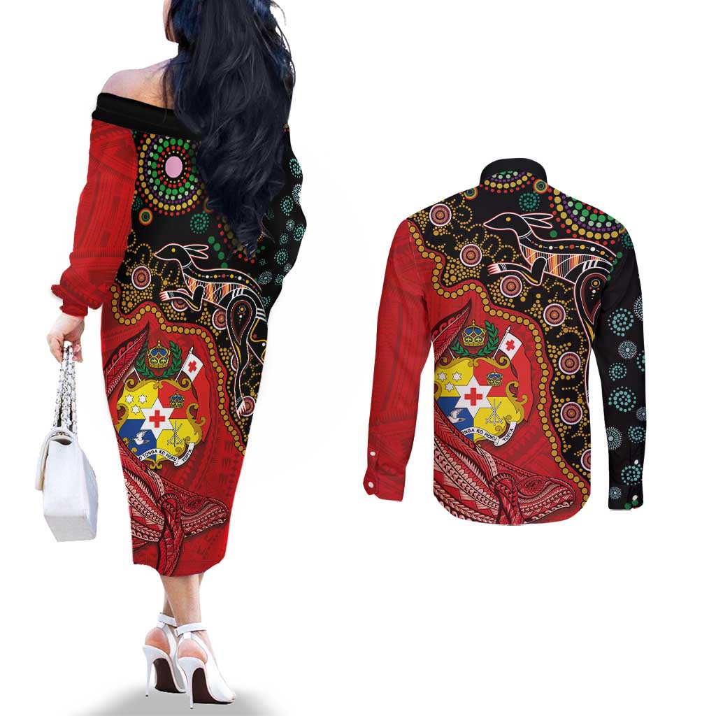Tonga Ngatu and Australia Together Couples Matching Off The Shoulder Long Sleeve Dress and Long Sleeve Button Shirt Polynesian Humpback Whale and Aboriginal Kangaroo