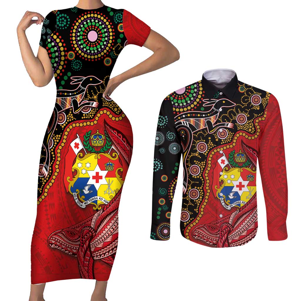 Tonga Ngatu and Australia Together Couples Matching Short Sleeve Bodycon Dress and Long Sleeve Button Shirt Polynesian Humpback Whale and Aboriginal Kangaroo