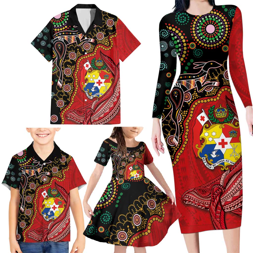 Tonga Ngatu and Australia Together Family Matching Long Sleeve Bodycon Dress and Hawaiian Shirt Polynesian Humpback Whale and Aboriginal Kangaroo LT03 - Polynesian Pride