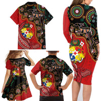 Tonga Ngatu and Australia Together Family Matching Long Sleeve Bodycon Dress and Hawaiian Shirt Polynesian Humpback Whale and Aboriginal Kangaroo LT03 - Polynesian Pride