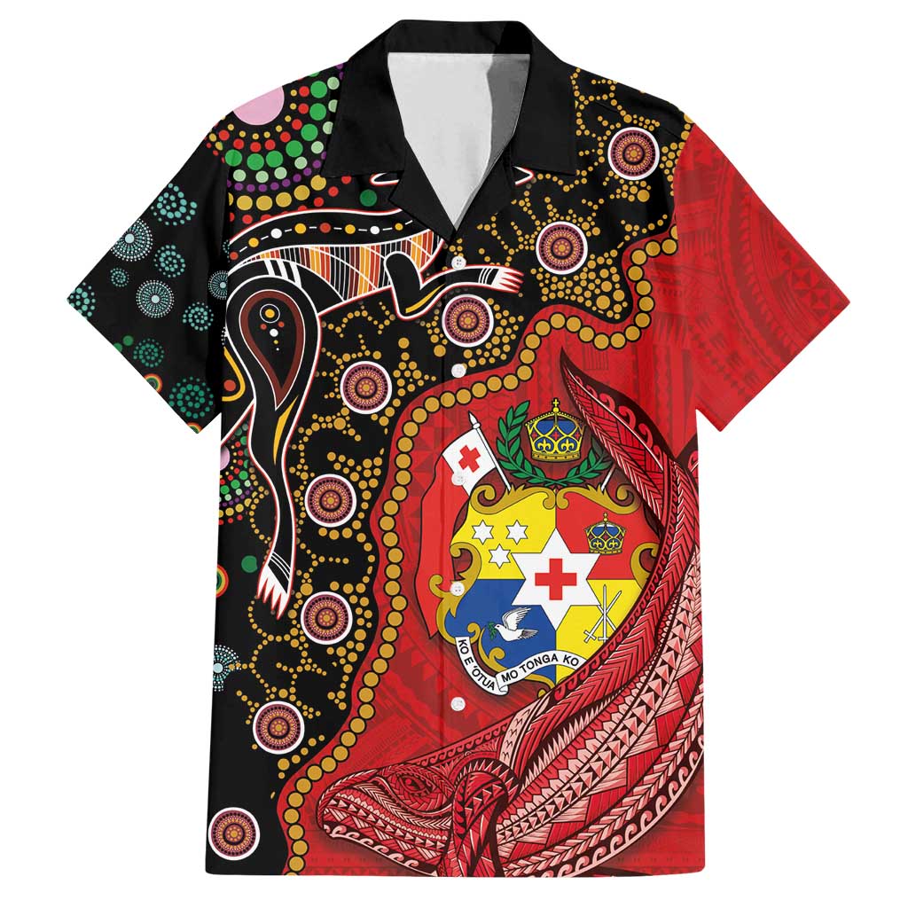 Tonga Ngatu and Australia Together Family Matching Long Sleeve Bodycon Dress and Hawaiian Shirt Polynesian Humpback Whale and Aboriginal Kangaroo LT03 Dad's Shirt - Short Sleeve Red - Polynesian Pride