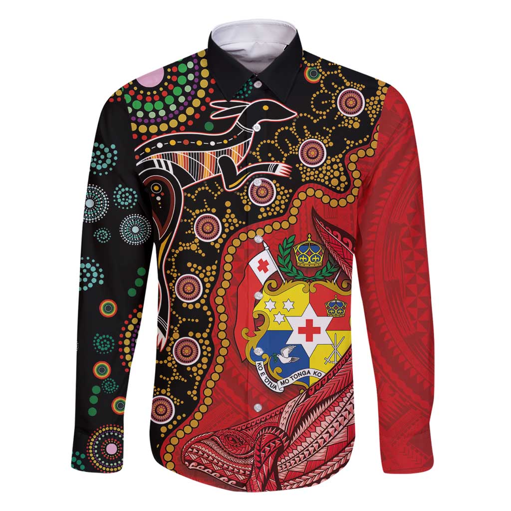 Tonga Ngatu and Australia Together Family Matching Mermaid Dress and Hawaiian Shirt Polynesian Humpback Whale and Aboriginal Kangaroo LT03 Dad's Shirt - Long Sleeve Red - Polynesian Pride