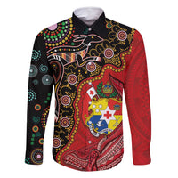 Tonga Ngatu and Australia Together Family Matching Mermaid Dress and Hawaiian Shirt Polynesian Humpback Whale and Aboriginal Kangaroo LT03 Dad's Shirt - Long Sleeve Red - Polynesian Pride