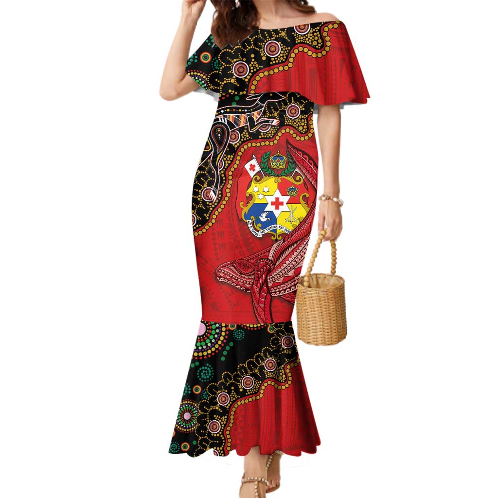 Tonga Ngatu and Australia Together Family Matching Mermaid Dress and Hawaiian Shirt Polynesian Humpback Whale and Aboriginal Kangaroo LT03 Mom's Dress Red - Polynesian Pride