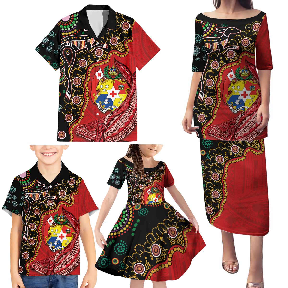 Tonga Ngatu and Australia Together Family Matching Puletasi and Hawaiian Shirt Polynesian Humpback Whale and Aboriginal Kangaroo LT03 - Polynesian Pride