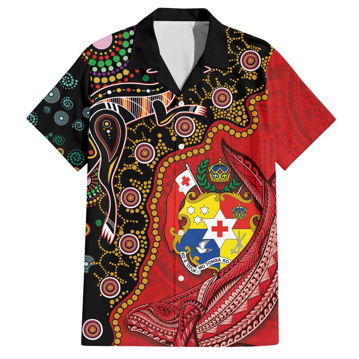 Tonga Ngatu and Australia Together Family Matching Puletasi and Hawaiian Shirt Polynesian Humpback Whale and Aboriginal Kangaroo LT03 Dad's Shirt - Short Sleeve Red - Polynesian Pride