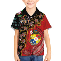 Tonga Ngatu and Australia Together Family Matching Puletasi and Hawaiian Shirt Polynesian Humpback Whale and Aboriginal Kangaroo LT03 Son's Shirt Red - Polynesian Pride