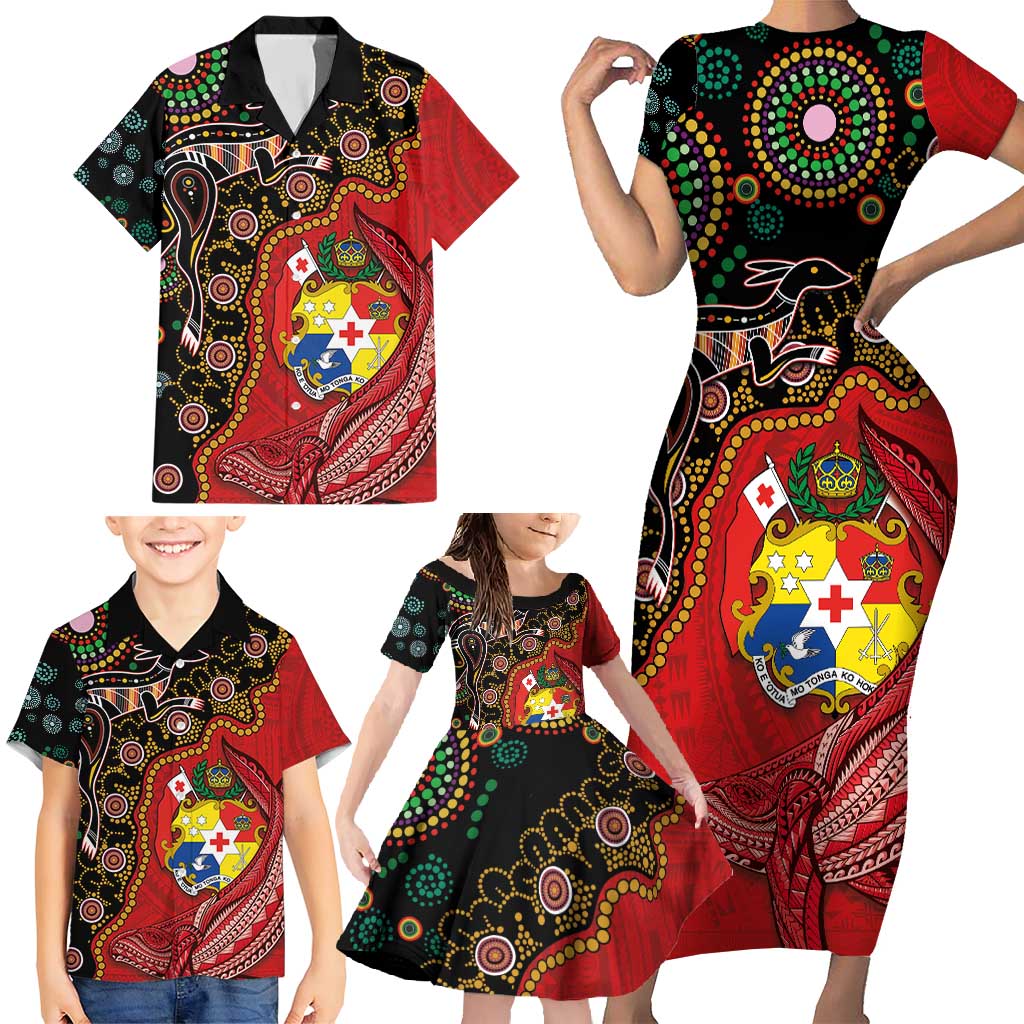 Tonga Ngatu and Australia Together Family Matching Short Sleeve Bodycon Dress and Hawaiian Shirt Polynesian Humpback Whale and Aboriginal Kangaroo LT03 - Polynesian Pride