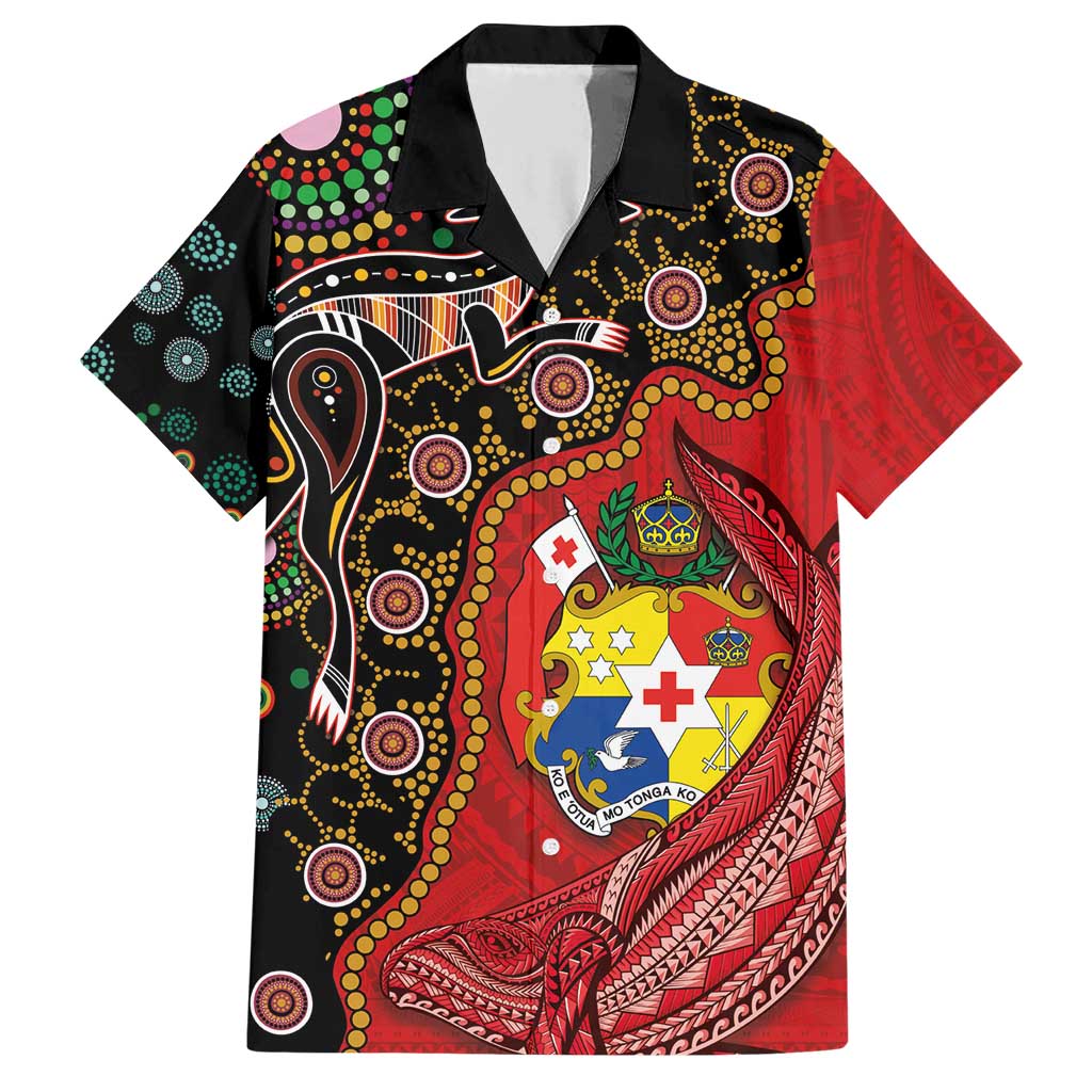 Tonga Ngatu and Australia Together Family Matching Short Sleeve Bodycon Dress and Hawaiian Shirt Polynesian Humpback Whale and Aboriginal Kangaroo LT03 Dad's Shirt - Short Sleeve Red - Polynesian Pride