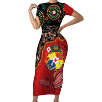 Tonga Ngatu and Australia Together Family Matching Short Sleeve Bodycon Dress and Hawaiian Shirt Polynesian Humpback Whale and Aboriginal Kangaroo LT03 Mom's Dress Red - Polynesian Pride