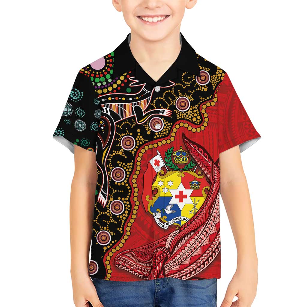 Tonga Ngatu and Australia Together Family Matching Short Sleeve Bodycon Dress and Hawaiian Shirt Polynesian Humpback Whale and Aboriginal Kangaroo LT03 Son's Shirt Red - Polynesian Pride