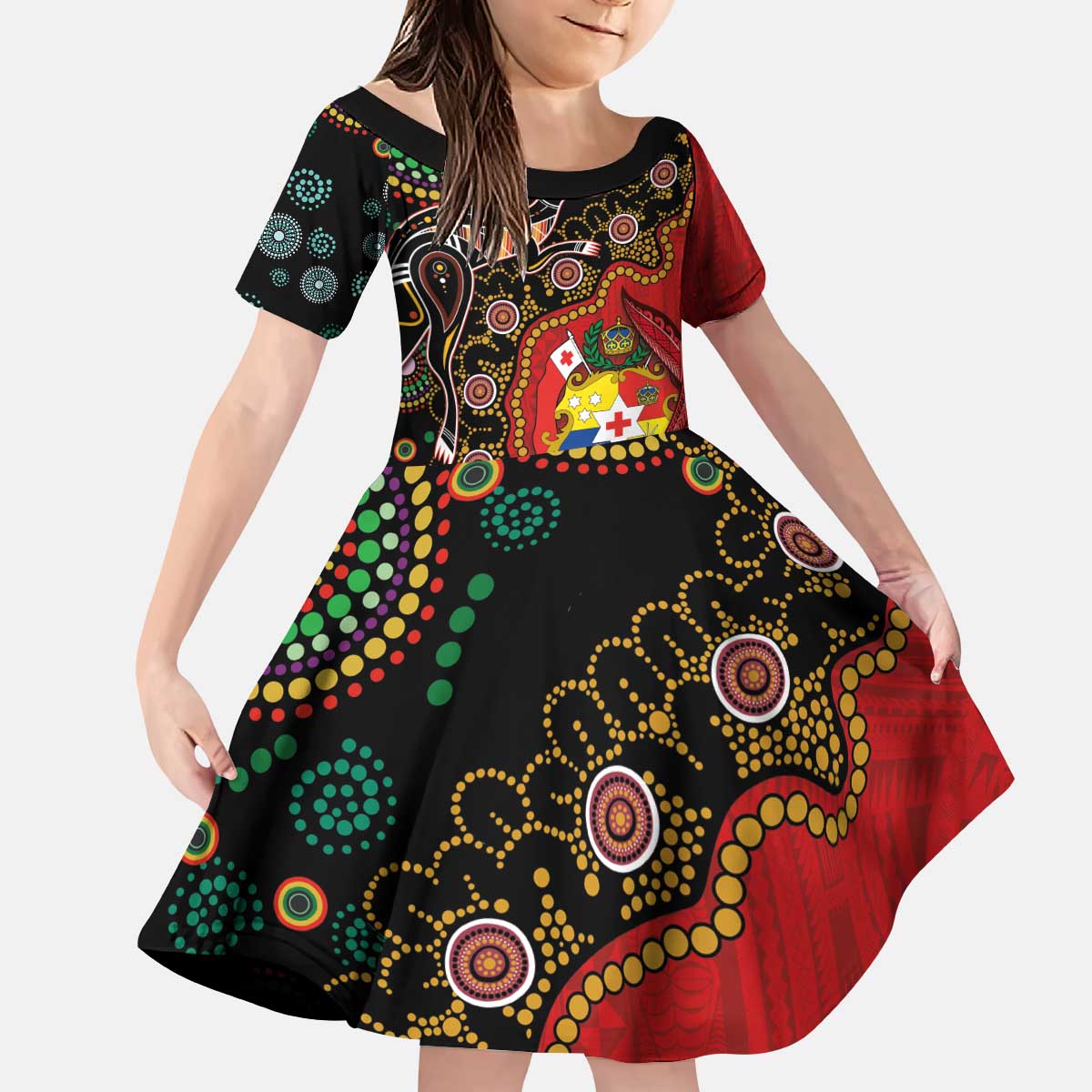 Tonga Ngatu and Australia Together Kid Short Sleeve Dress Polynesian Humpback Whale and Aboriginal Kangaroo