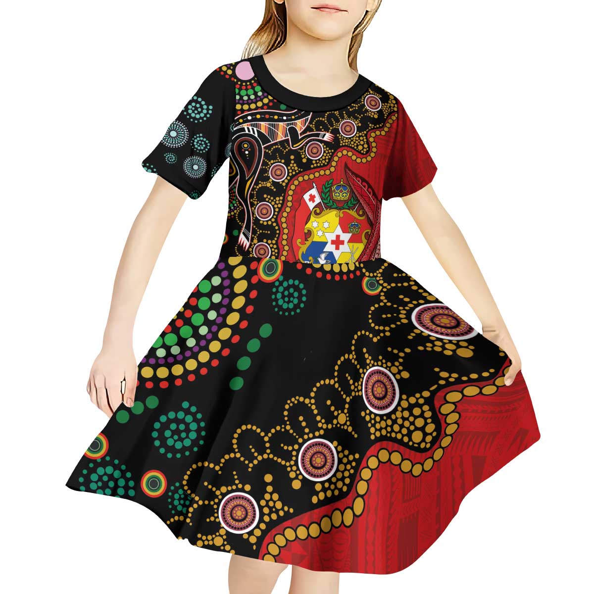 Tonga Ngatu and Australia Together Kid Short Sleeve Dress Polynesian Humpback Whale and Aboriginal Kangaroo