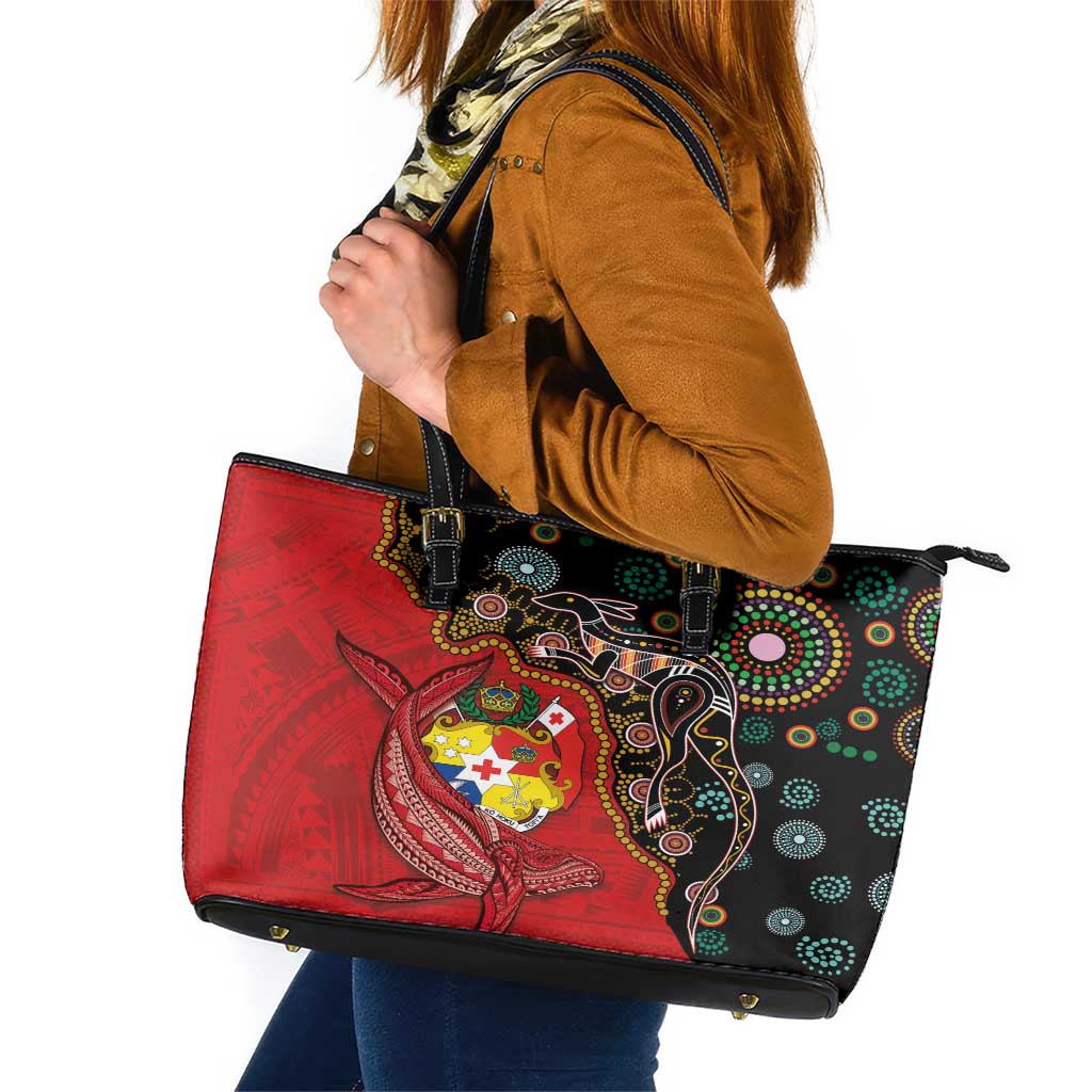 Tonga Ngatu and Australia Together Leather Tote Bag Polynesian Humpback Whale and Aboriginal Kangaroo