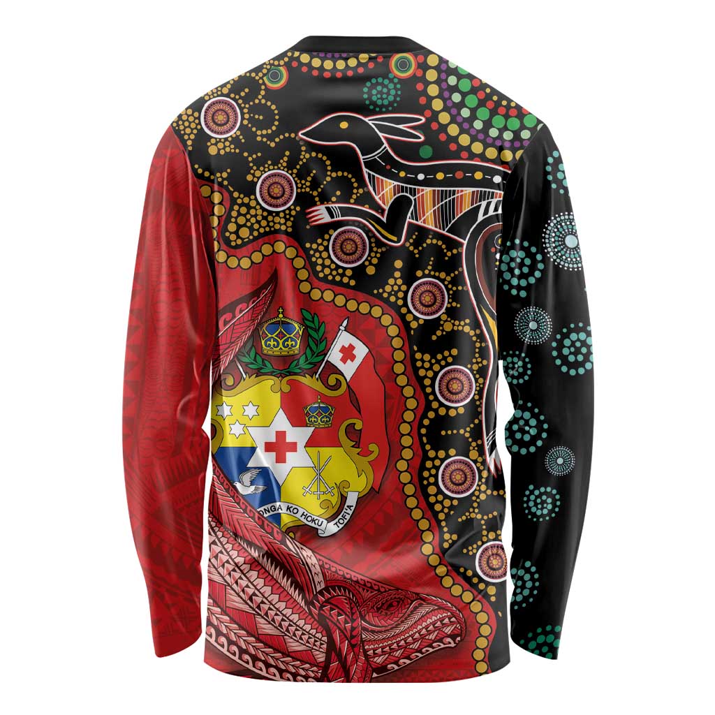 Tonga Ngatu and Australia Together Long Sleeve Shirt Polynesian Humpback Whale and Aboriginal Kangaroo