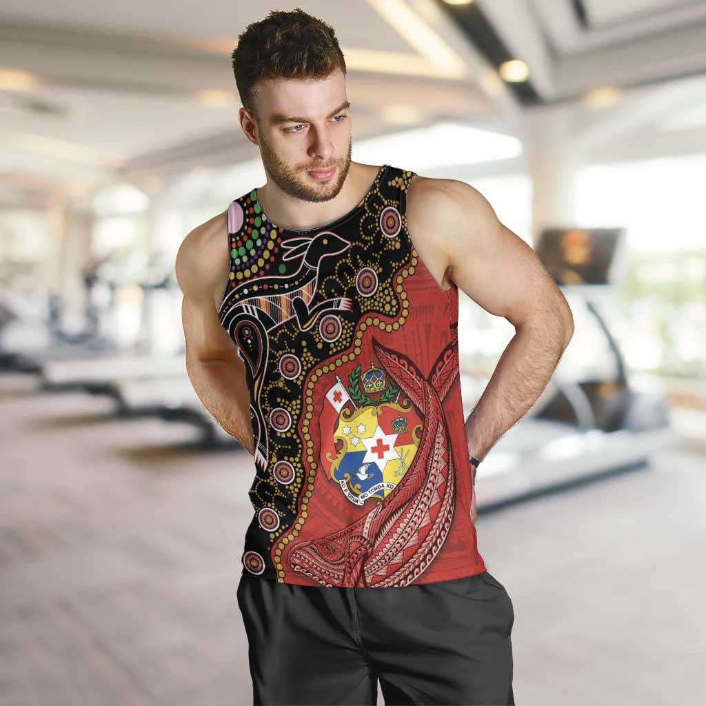 Tonga Ngatu and Australia Together Men Tank Top Polynesian Humpback Whale and Aboriginal Kangaroo LT03 Red - Polynesian Pride