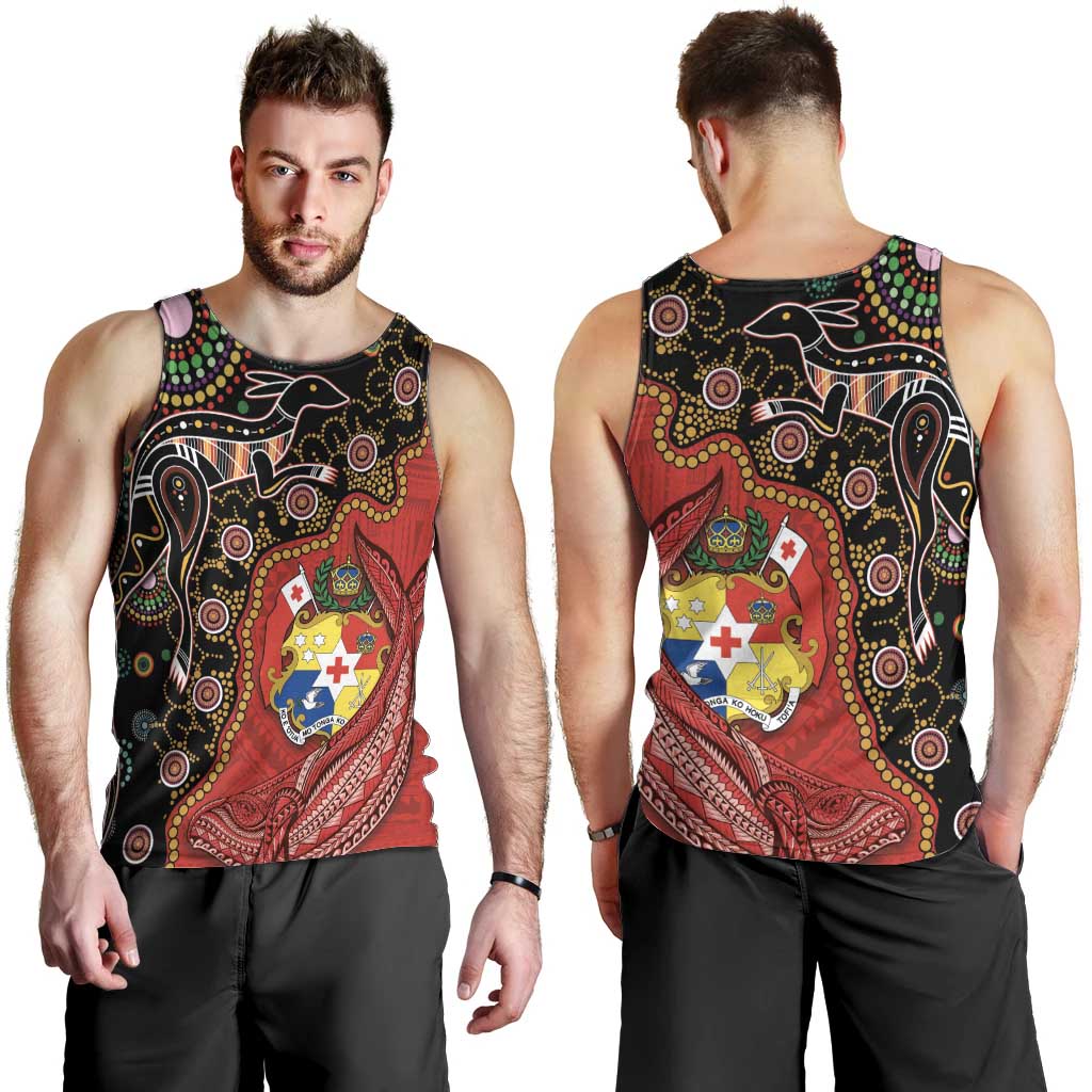 Tonga Ngatu and Australia Together Men Tank Top Polynesian Humpback Whale and Aboriginal Kangaroo LT03 - Polynesian Pride