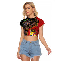 Tonga Ngatu and Australia Together Raglan Cropped T Shirt Polynesian Humpback Whale and Aboriginal Kangaroo
