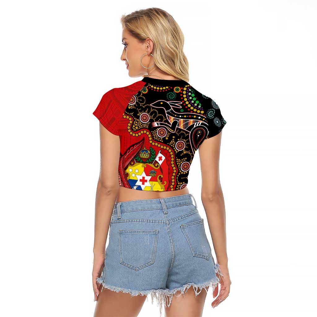 Tonga Ngatu and Australia Together Raglan Cropped T Shirt Polynesian Humpback Whale and Aboriginal Kangaroo