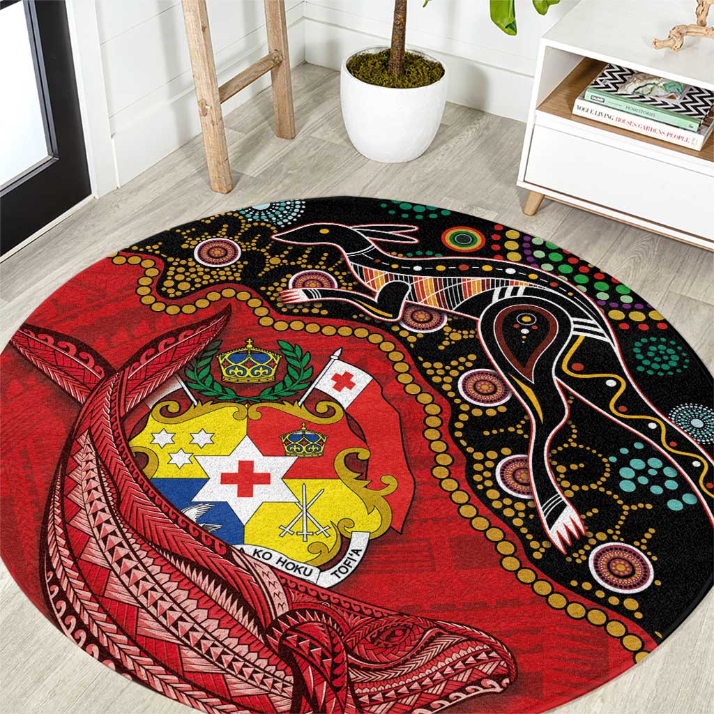 Tonga Ngatu and Australia Together Round Carpet Polynesian Humpback Whale and Aboriginal Kangaroo