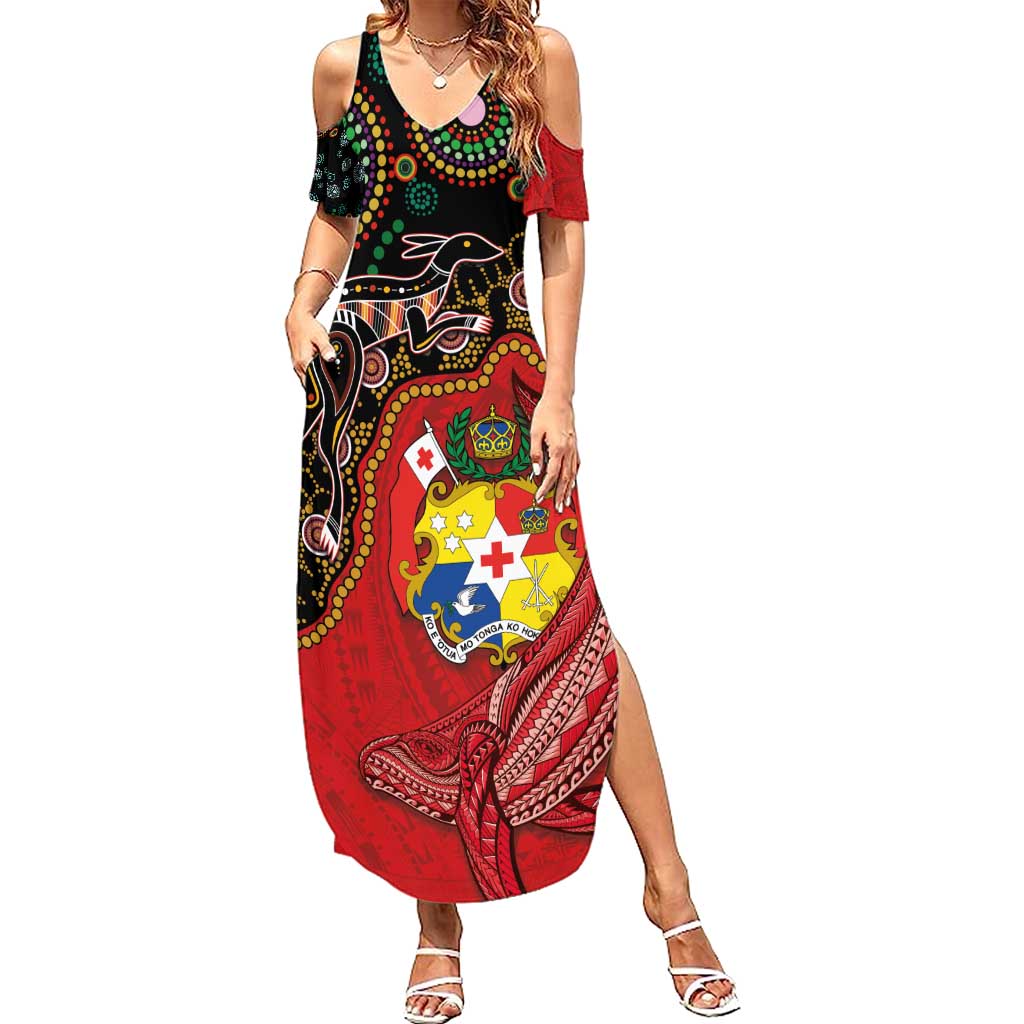 Tonga Ngatu and Australia Together Summer Maxi Dress Polynesian Humpback Whale and Aboriginal Kangaroo