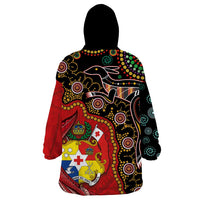 Tonga Ngatu and Australia Together Wearable Blanket Hoodie Polynesian Humpback Whale and Aboriginal Kangaroo