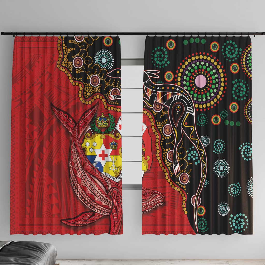 Tonga Ngatu and Australia Together Window Curtain Polynesian Humpback Whale and Aboriginal Kangaroo