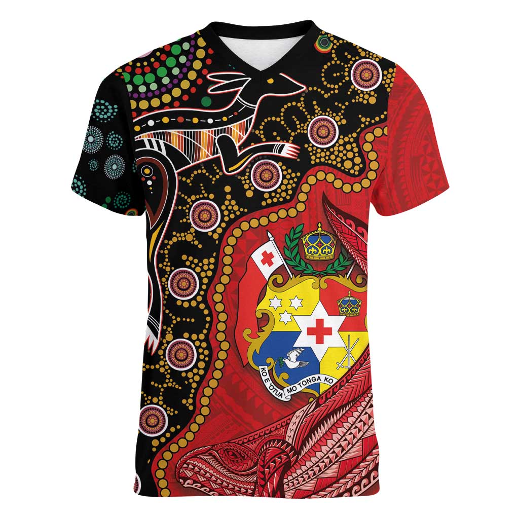 Tonga Ngatu and Australia Together Women V-Neck T-Shirt Polynesian Humpback Whale and Aboriginal Kangaroo LT03 Female Red - Polynesian Pride