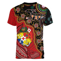 Tonga Ngatu and Australia Together Women V-Neck T-Shirt Polynesian Humpback Whale and Aboriginal Kangaroo LT03 - Polynesian Pride