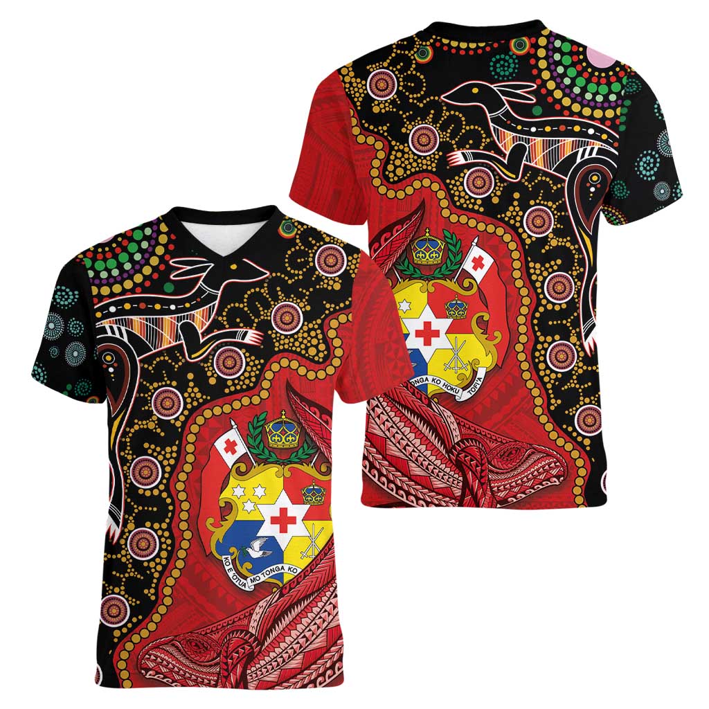 Tonga Ngatu and Australia Together Women V-Neck T-Shirt Polynesian Humpback Whale and Aboriginal Kangaroo LT03 - Polynesian Pride
