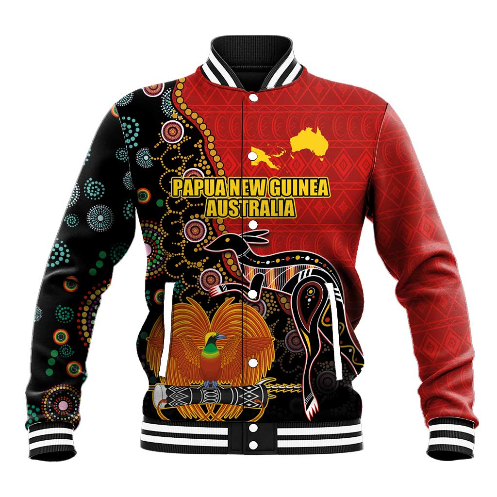 Personalised Papua New Guinea and Australia Together Baseball Jacket Bird-of-paradise and Kangaroo with Aboriginal Pattern