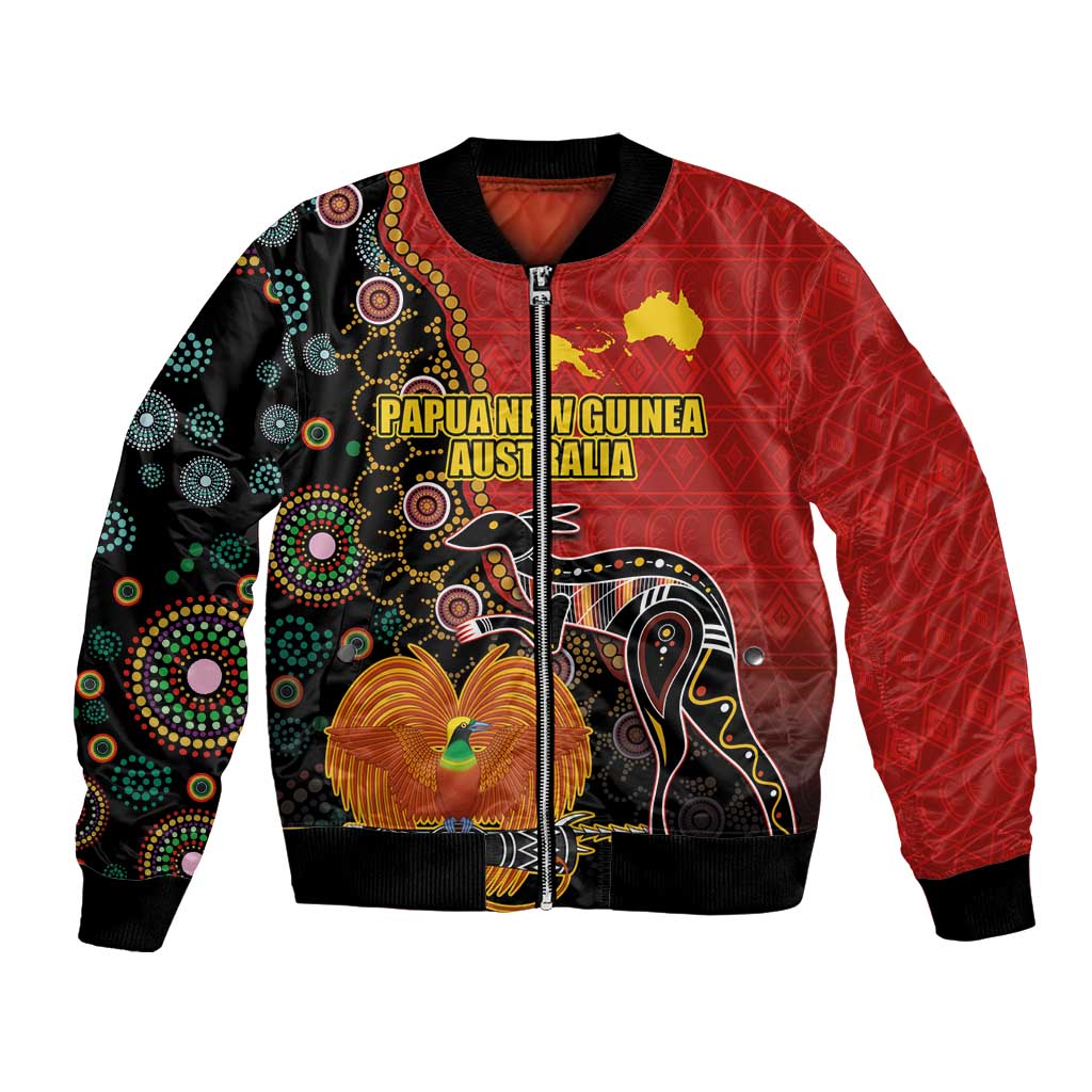 Personalised Papua New Guinea and Australia Together Bomber Jacket Bird-of-paradise and Kangaroo with Aboriginal Pattern