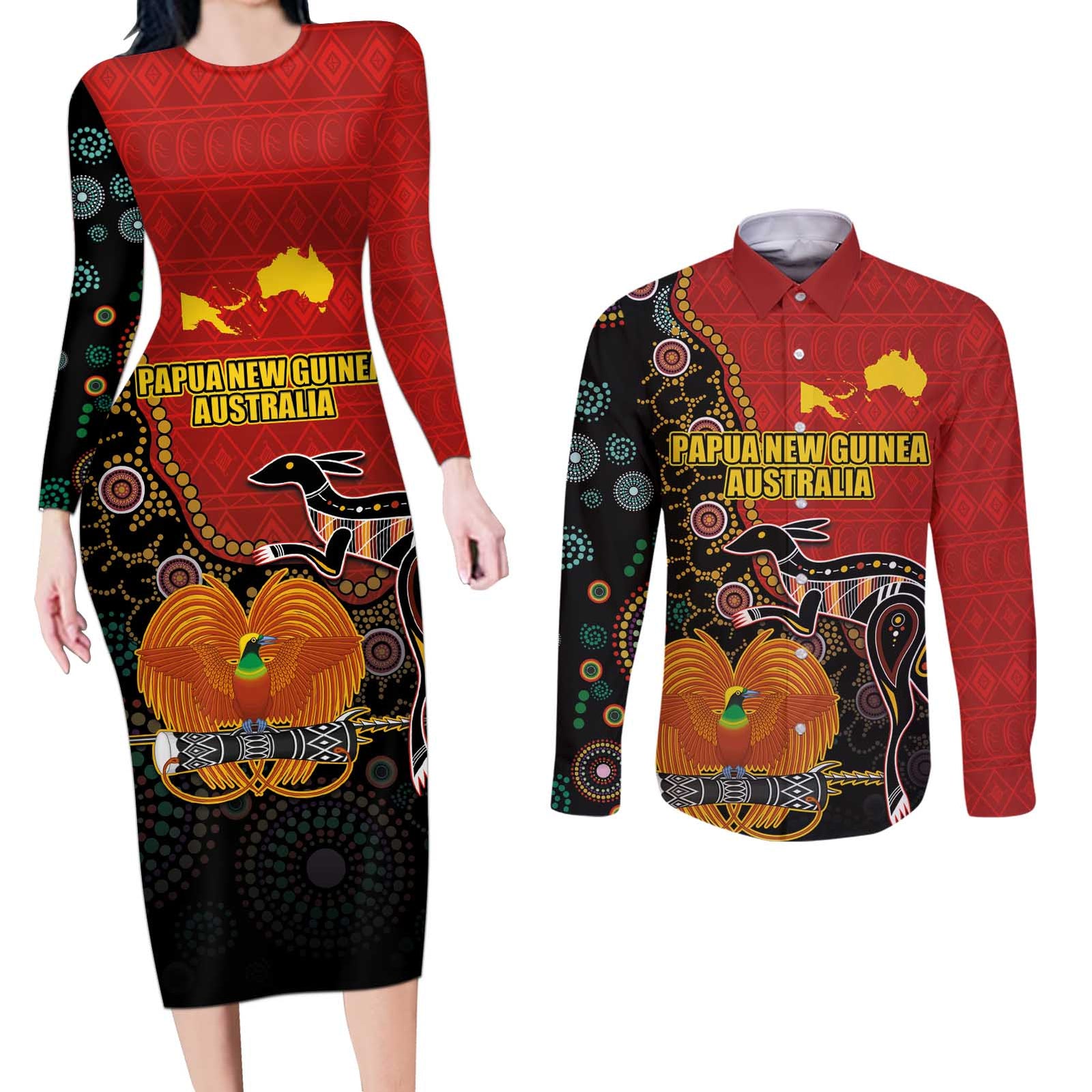 Personalised Papua New Guinea and Australia Together Couples Matching Long Sleeve Bodycon Dress and Long Sleeve Button Shirt Bird-of-paradise and Kangaroo with Aboriginal Pattern