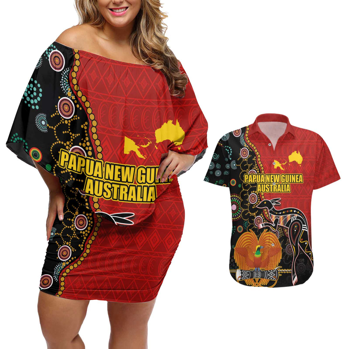Personalised Papua New Guinea and Australia Together Couples Matching Off Shoulder Short Dress and Hawaiian Shirt Bird-of-paradise and Kangaroo with Aboriginal Pattern