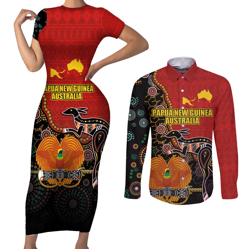 Personalised Papua New Guinea and Australia Together Couples Matching Short Sleeve Bodycon Dress and Long Sleeve Button Shirt Bird-of-paradise and Kangaroo with Aboriginal Pattern