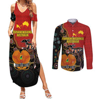 Personalised Papua New Guinea and Australia Together Couples Matching Summer Maxi Dress and Long Sleeve Button Shirt Bird-of-paradise and Kangaroo with Aboriginal Pattern