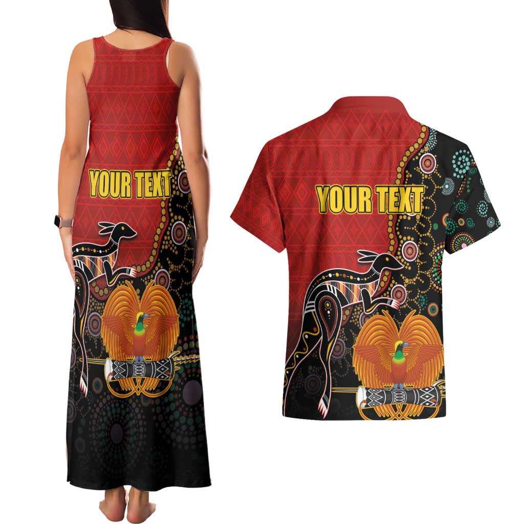 Personalised Papua New Guinea and Australia Together Couples Matching Tank Maxi Dress and Hawaiian Shirt Bird-of-paradise and Kangaroo with Aboriginal Pattern