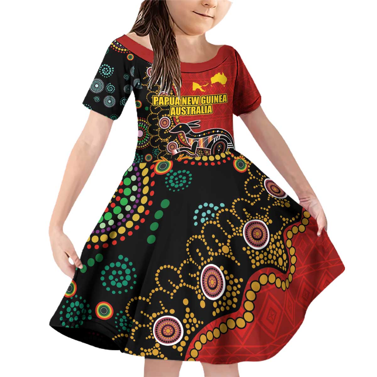 Personalised Papua New Guinea and Australia Together Family Matching Off Shoulder Short Dress and Hawaiian Shirt Bird-of-paradise and Kangaroo with Aboriginal Pattern