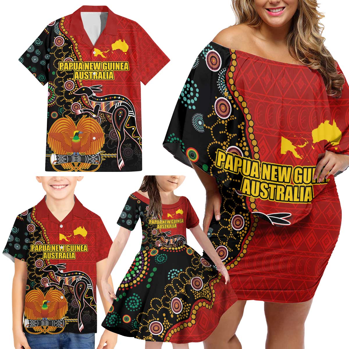 Personalised Papua New Guinea and Australia Together Family Matching Off Shoulder Short Dress and Hawaiian Shirt Bird-of-paradise and Kangaroo with Aboriginal Pattern