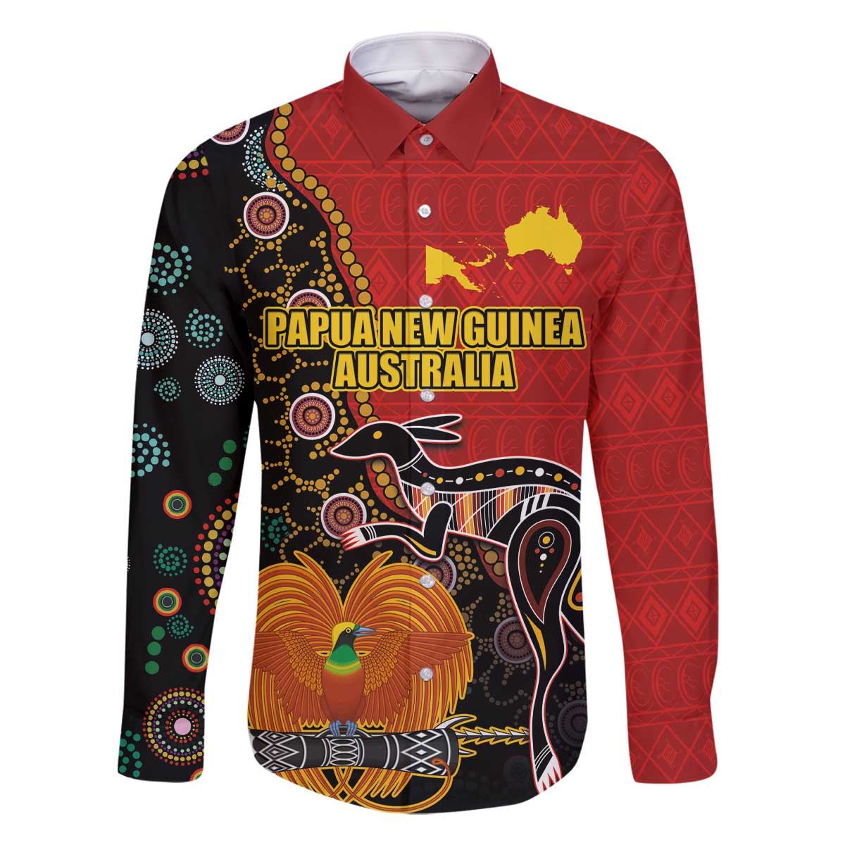 Personalised Papua New Guinea and Australia Together Family Matching Off Shoulder Short Dress and Hawaiian Shirt Bird-of-paradise and Kangaroo with Aboriginal Pattern