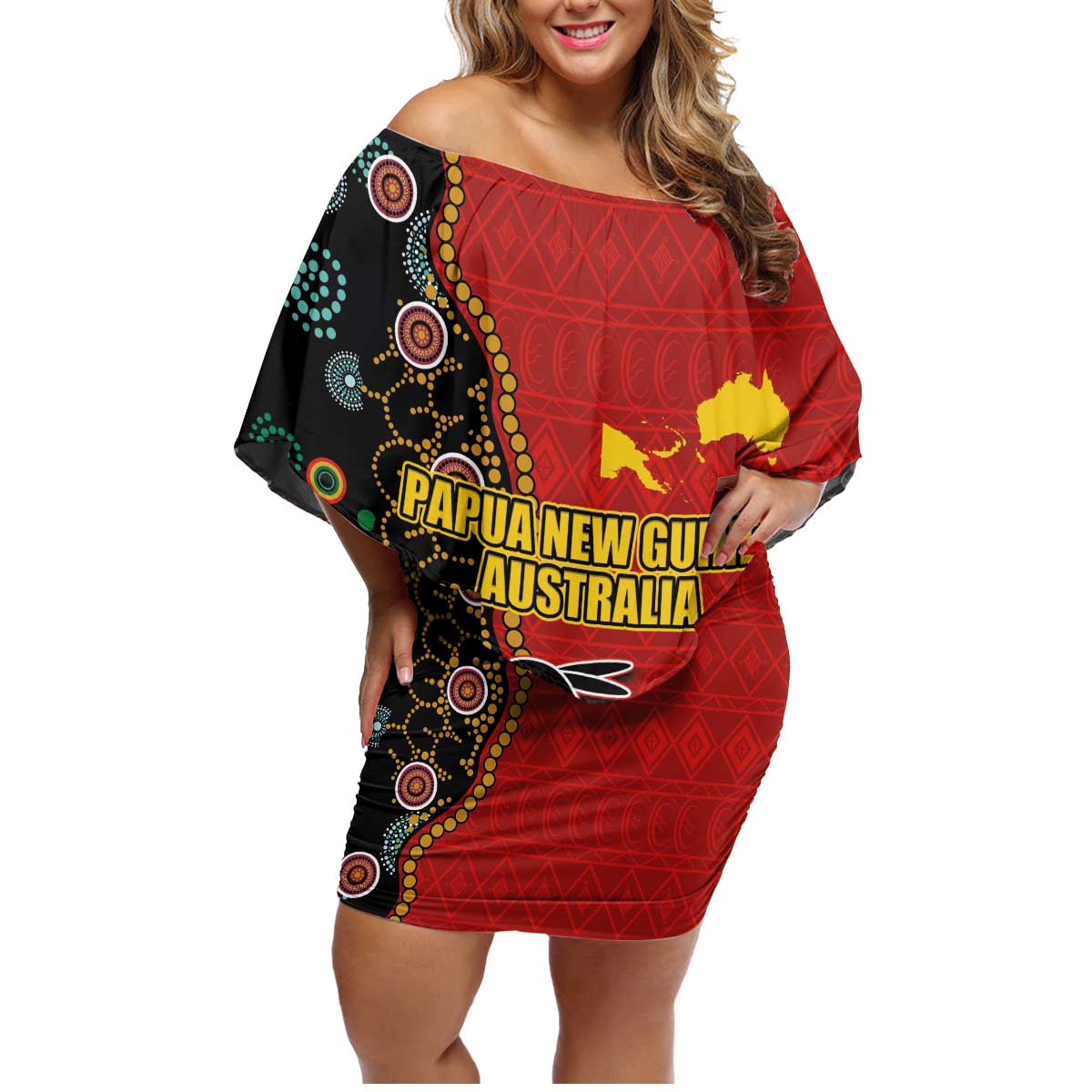 Personalised Papua New Guinea and Australia Together Family Matching Off Shoulder Short Dress and Hawaiian Shirt Bird-of-paradise and Kangaroo with Aboriginal Pattern