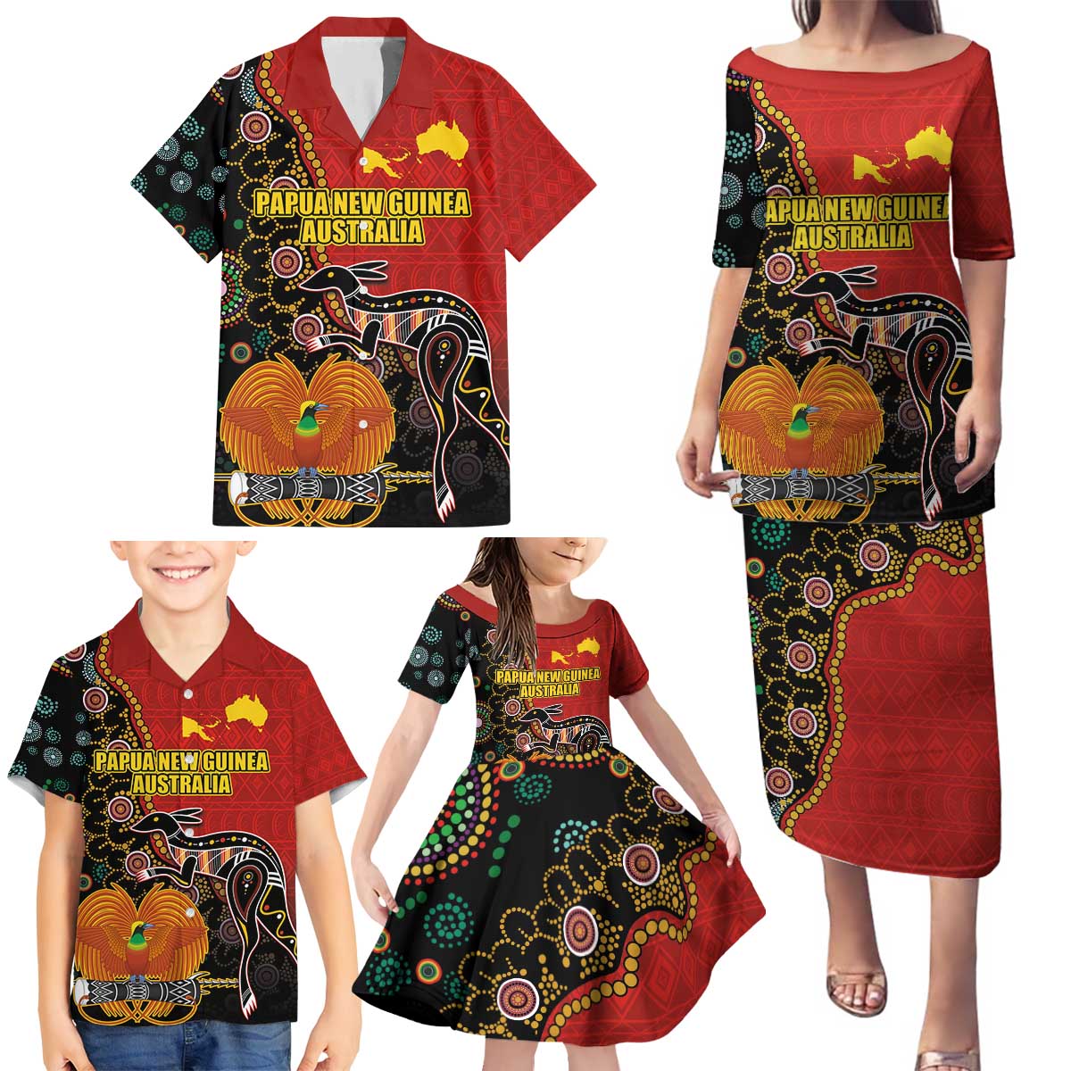 Personalised Papua New Guinea and Australia Together Family Matching Puletasi and Hawaiian Shirt Bird-of-paradise and Kangaroo with Aboriginal Pattern LT03 - Polynesian Pride