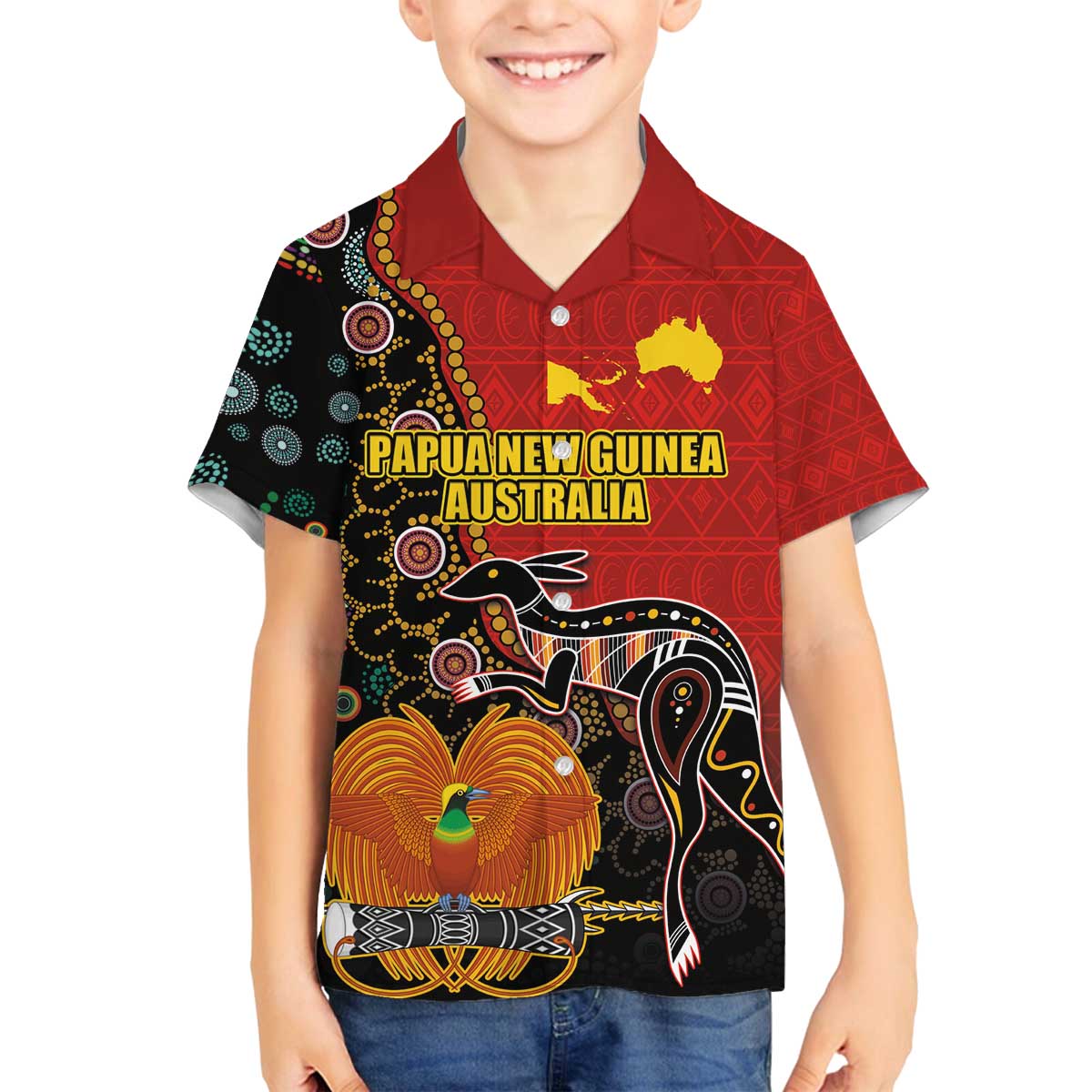 Personalised Papua New Guinea and Australia Together Family Matching Puletasi and Hawaiian Shirt Bird-of-paradise and Kangaroo with Aboriginal Pattern LT03 Son's Shirt Red - Polynesian Pride