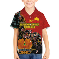 Personalised Papua New Guinea and Australia Together Family Matching Puletasi and Hawaiian Shirt Bird-of-paradise and Kangaroo with Aboriginal Pattern LT03 Son's Shirt Red - Polynesian Pride