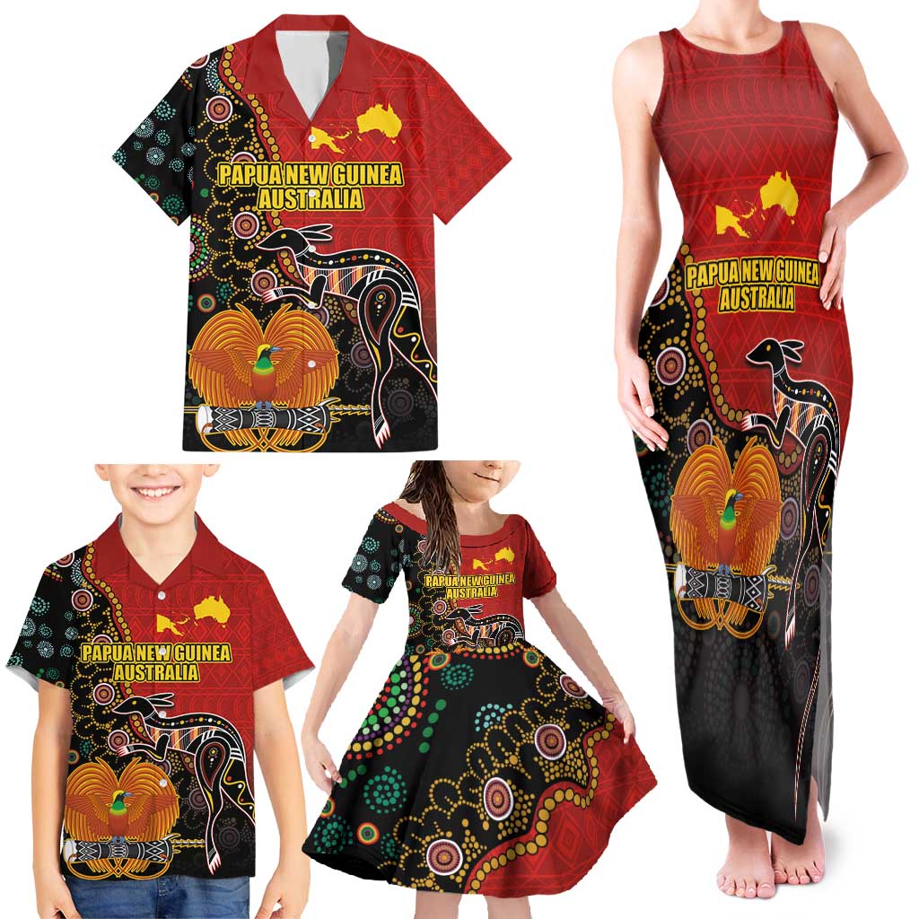 Personalised Papua New Guinea and Australia Together Family Matching Tank Maxi Dress and Hawaiian Shirt Bird-of-paradise and Kangaroo with Aboriginal Pattern