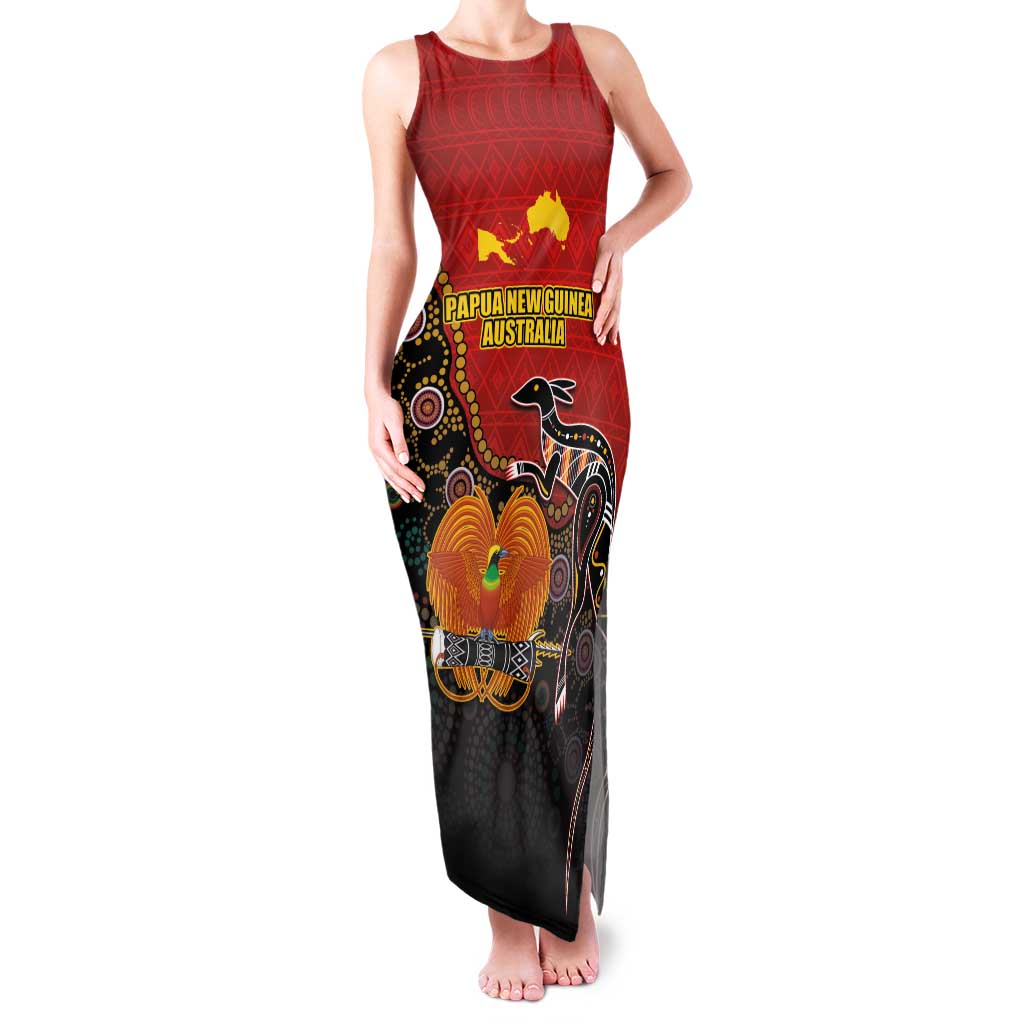 Personalised Papua New Guinea and Australia Together Family Matching Tank Maxi Dress and Hawaiian Shirt Bird-of-paradise and Kangaroo with Aboriginal Pattern