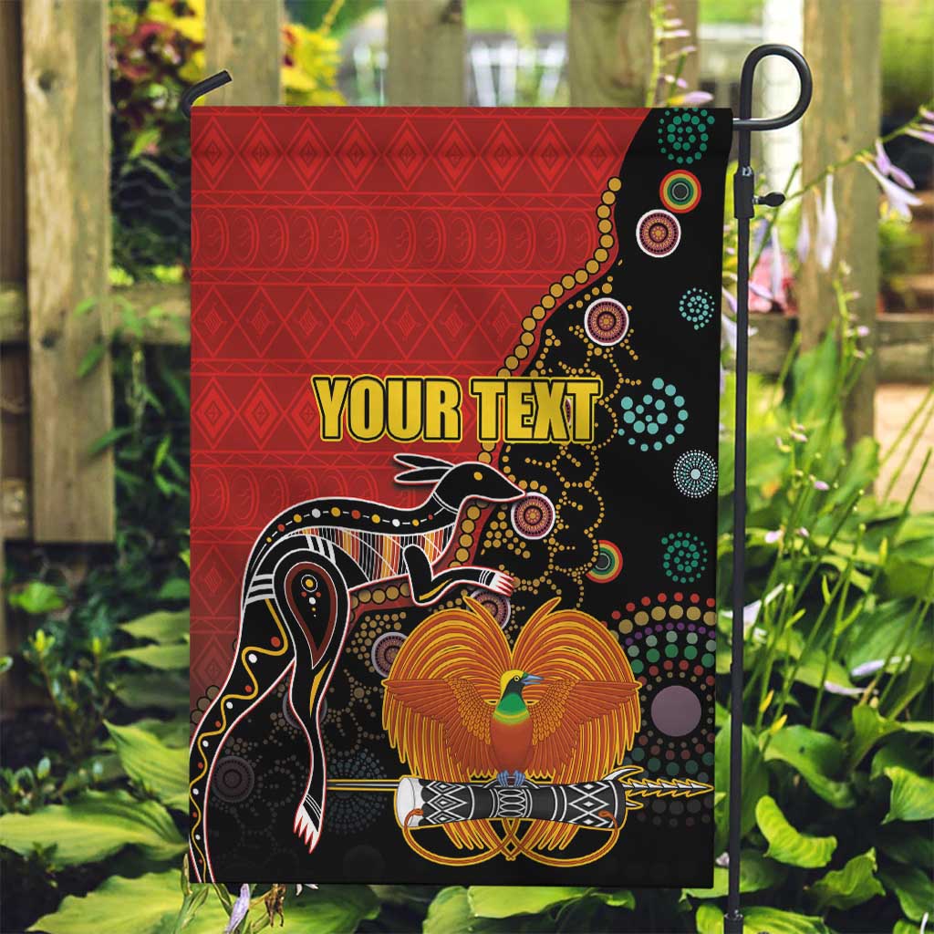 Personalised Papua New Guinea and Australia Together Garden Flag Bird-of-paradise and Kangaroo with Aboriginal Pattern