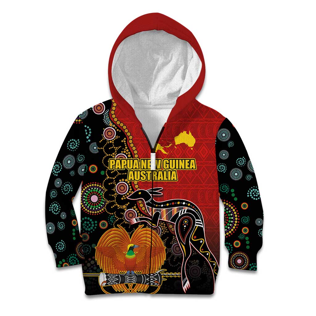 Personalised Papua New Guinea and Australia Together Kid Hoodie Bird-of-paradise and Kangaroo with Aboriginal Pattern