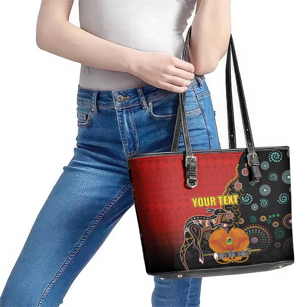Personalised Papua New Guinea and Australia Together Leather Tote Bag Bird-of-paradise and Kangaroo with Aboriginal Pattern