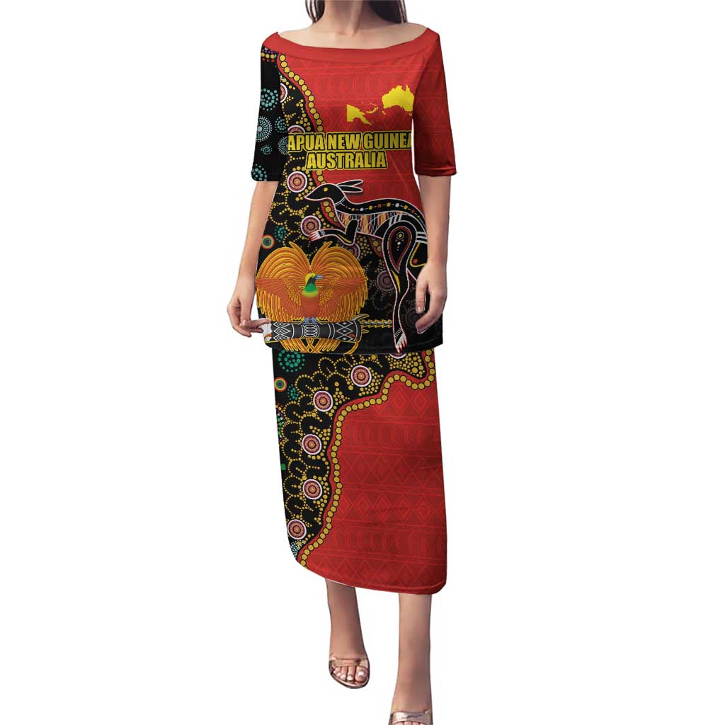 Personalised Papua New Guinea and Australia Together Puletasi Bird-of-paradise and Kangaroo with Aboriginal Pattern